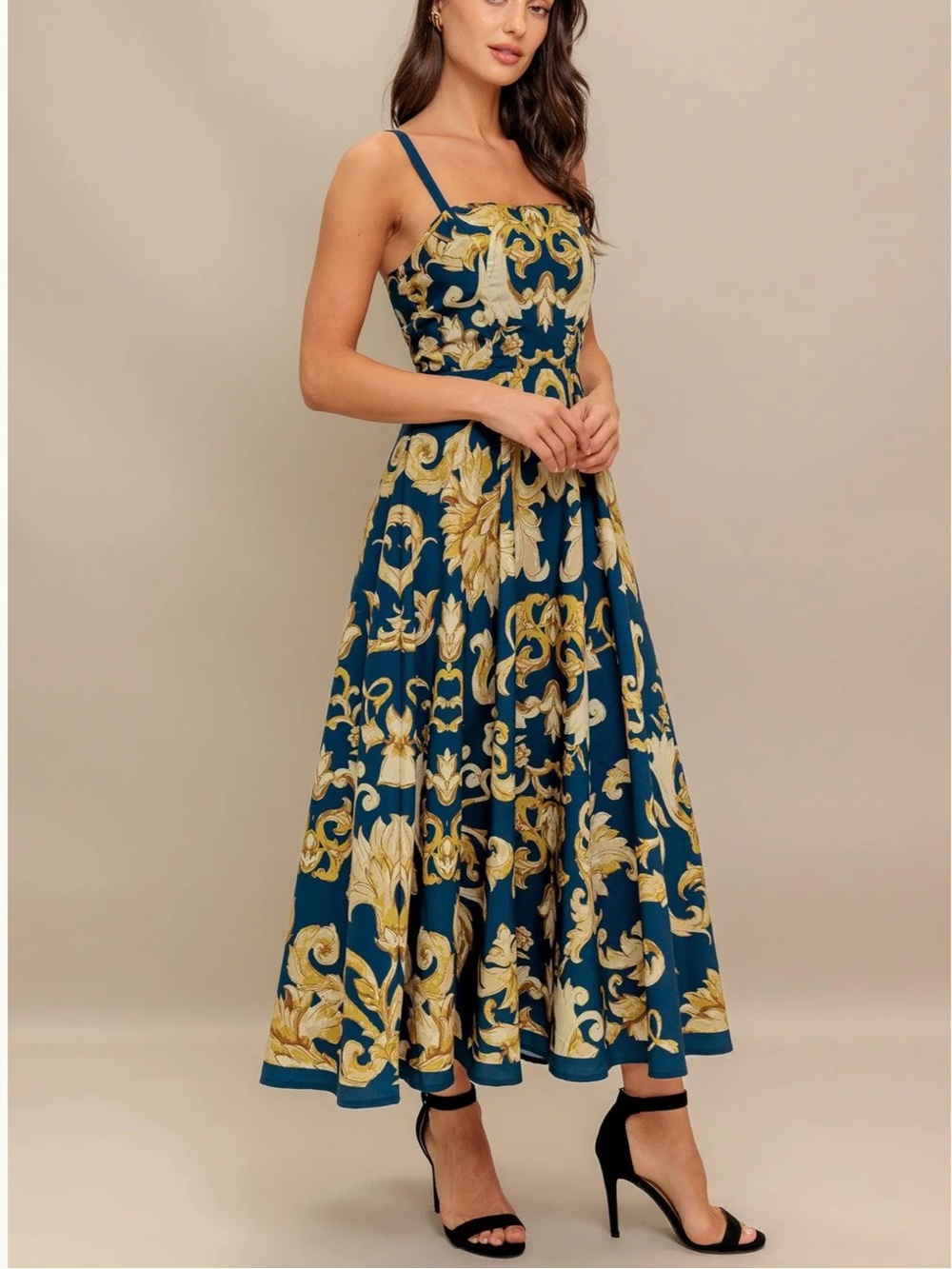 Flying Tomato Navy and Gold Baroque Midi Dress, Worn Once